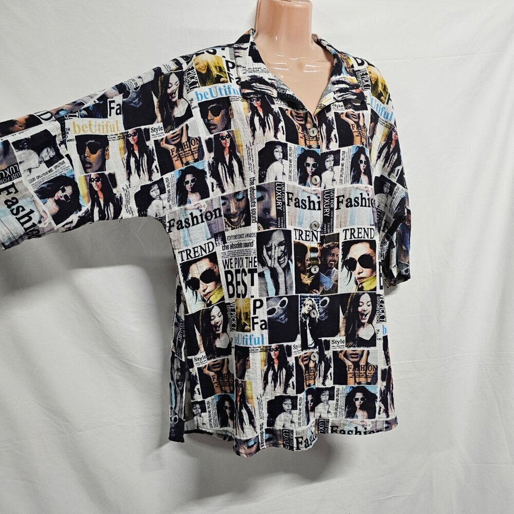 John Mark Women Graphic Button Up Collared Top Blouse Shirt Size L Deep Slits - Picture 13 of 13